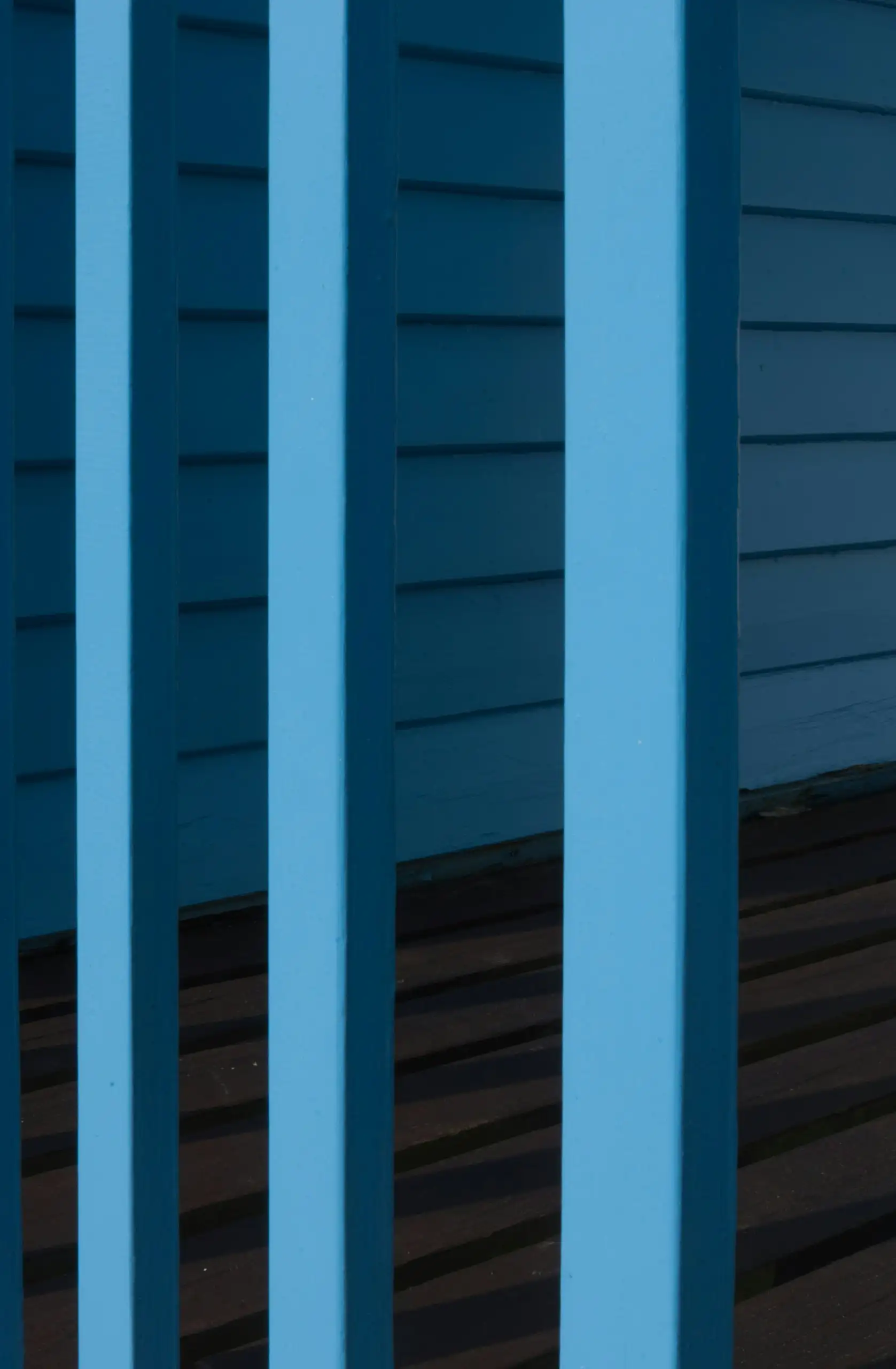 Blue-painted weatherboards close up, a white trim board running down between them